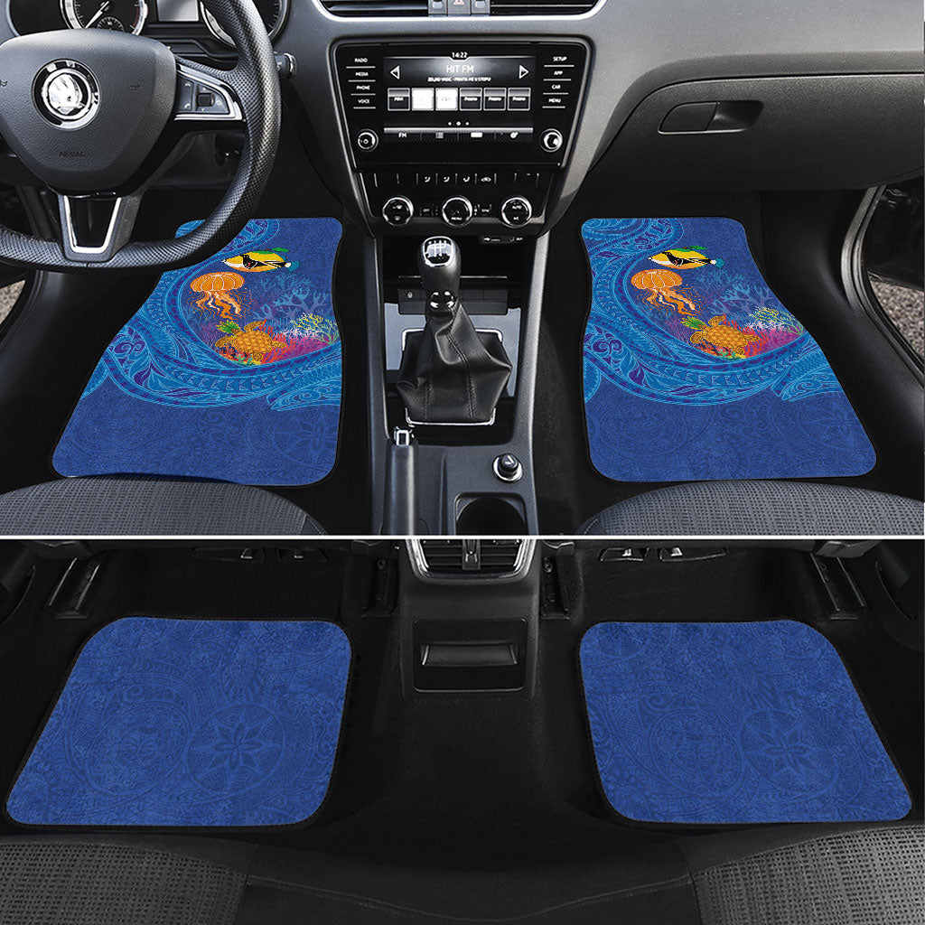 Hawaiian Funny Fruits Sea Animals Car Mats Mango Reef Triggerfish and Pineapple Turtle and Mandarin Jellyfish LT03 Set 4pcs Blue - Polynesian Pride