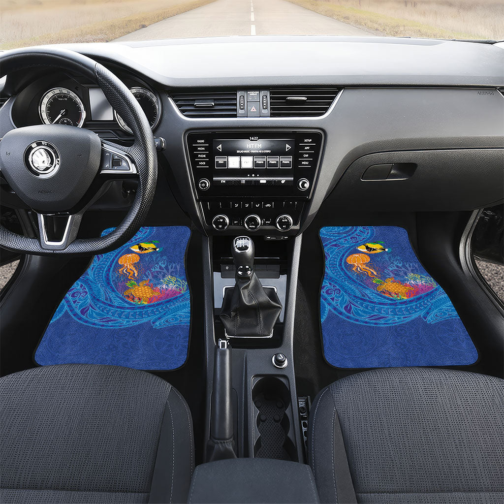 Hawaiian Funny Fruits Sea Animals Car Mats Mango Reef Triggerfish and Pineapple Turtle and Mandarin Jellyfish LT03 Set 2pcs - Front Blue - Polynesian Pride