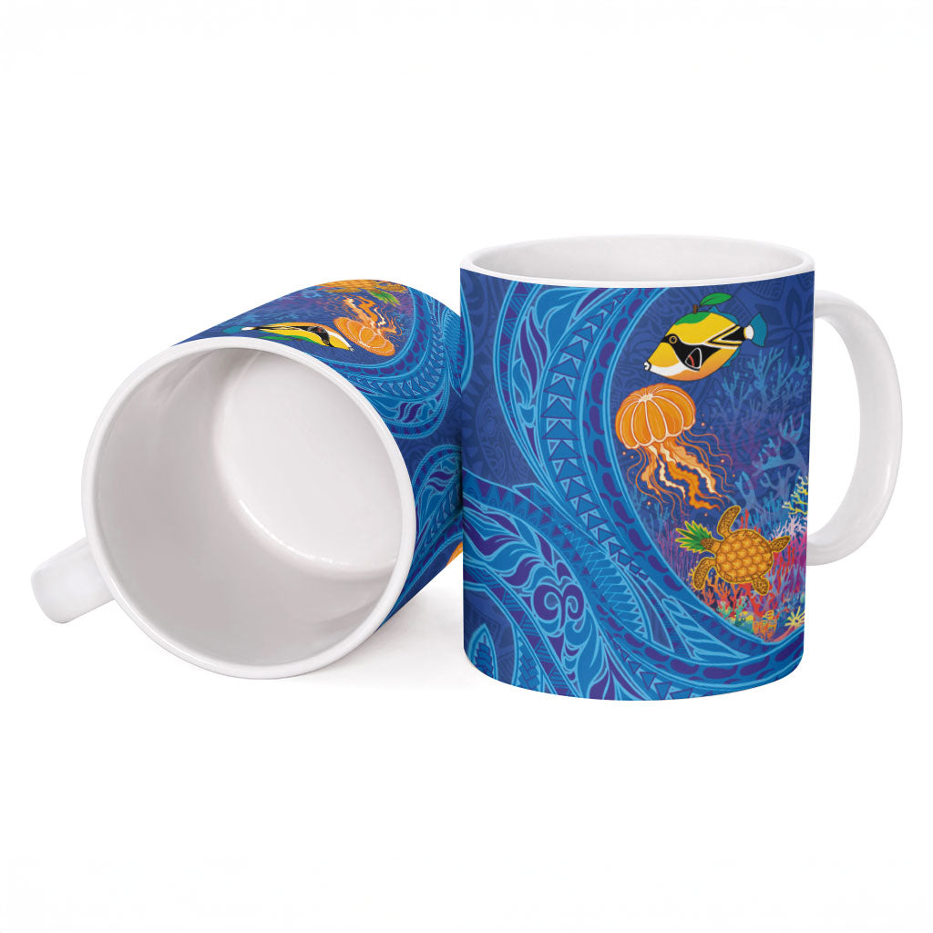 Hawaiian Funny Fruits Sea Animals Ceramic Mug Mango Reef Triggerfish and Pineapple Turtle and Mandarin Jellyfish