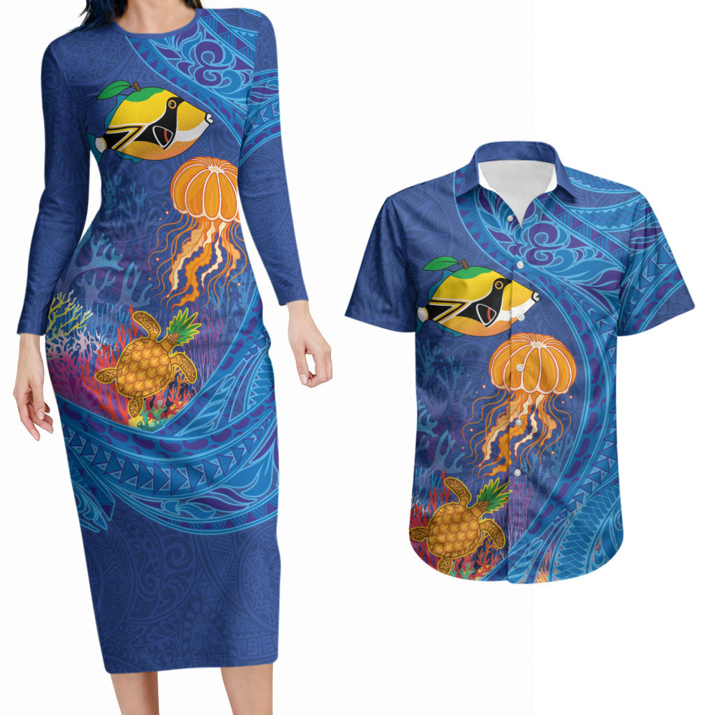Hawaiian Funny Fruits Sea Animals Couples Matching Long Sleeve Bodycon Dress and Hawaiian Shirt Mango Reef Triggerfish and Pineapple Turtle and Mandarin Jellyfish LT03 Blue - Polynesian Pride