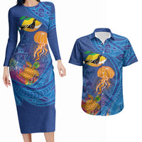Hawaiian Funny Fruits Sea Animals Couples Matching Long Sleeve Bodycon Dress and Hawaiian Shirt Mango Reef Triggerfish and Pineapple Turtle and Mandarin Jellyfish LT03 Blue - Polynesian Pride
