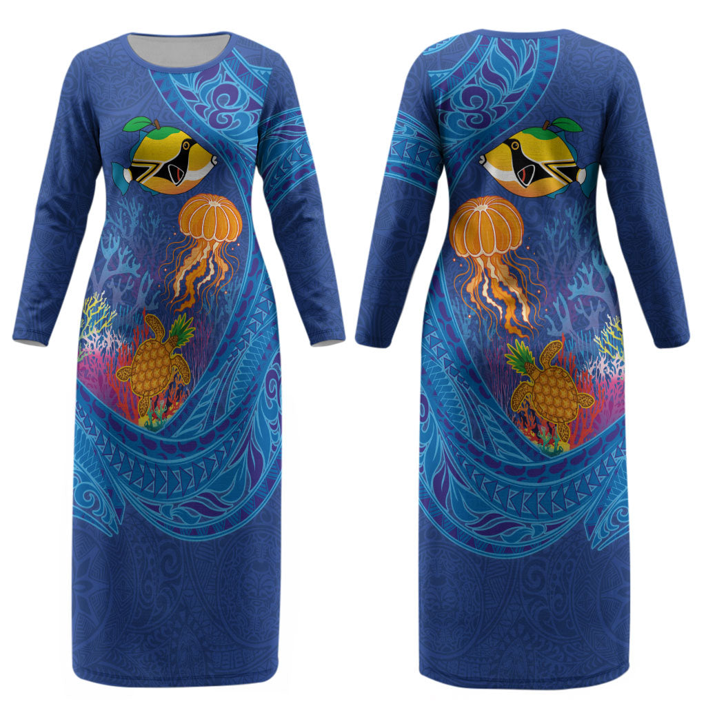 Hawaiian Funny Fruits Sea Animals Couples Matching Long Sleeve Bodycon Dress and Hawaiian Shirt Mango Reef Triggerfish and Pineapple Turtle and Mandarin Jellyfish LT03 - Polynesian Pride