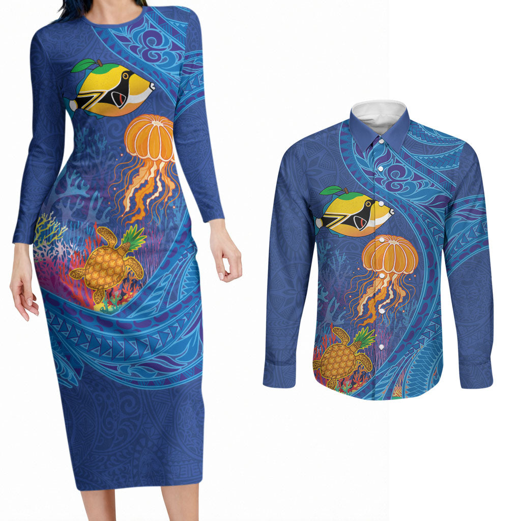 Hawaiian Funny Fruits Sea Animals Couples Matching Long Sleeve Bodycon Dress and Long Sleeve Button Shirt Mango Reef Triggerfish and Pineapple Turtle and Mandarin Jellyfish