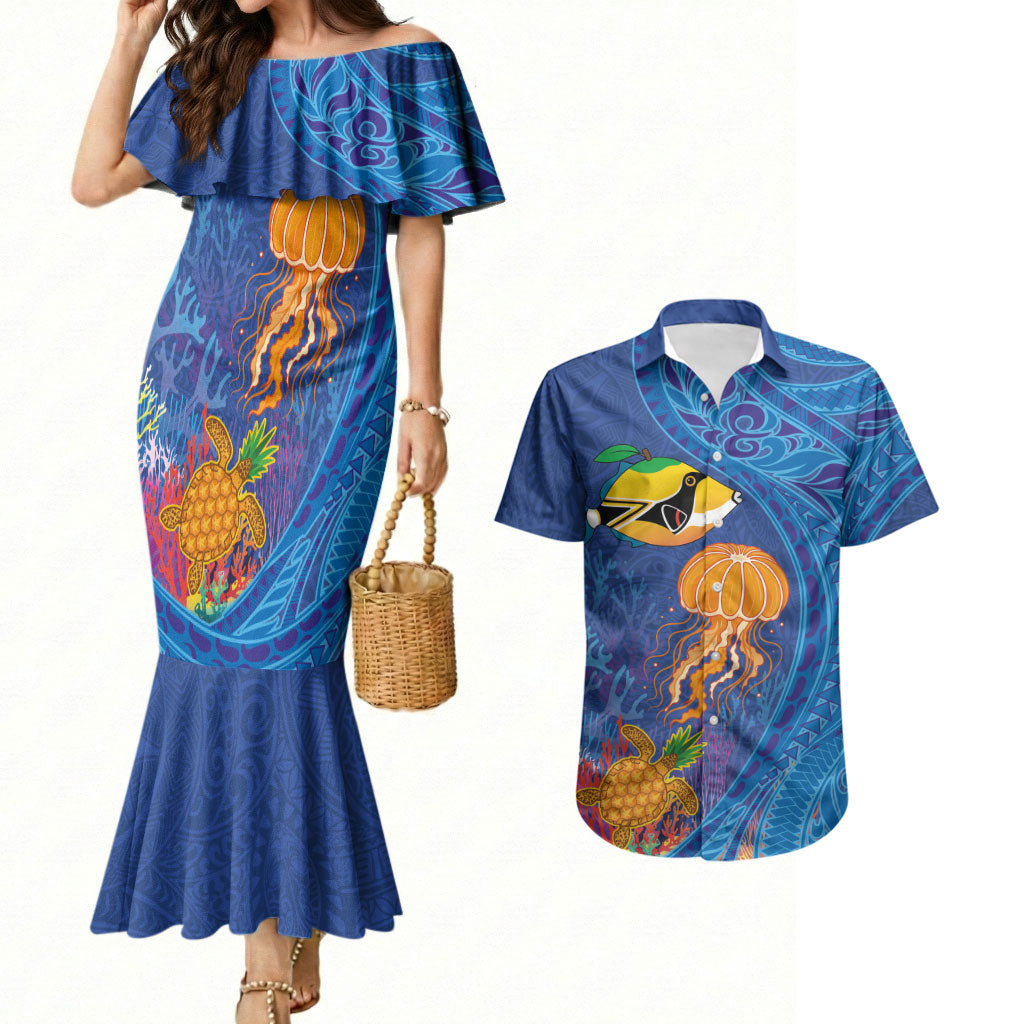Hawaiian Funny Fruits Sea Animals Couples Matching Mermaid Dress and Hawaiian Shirt Mango Reef Triggerfish and Pineapple Turtle and Mandarin Jellyfish LT03 Blue - Polynesian Pride