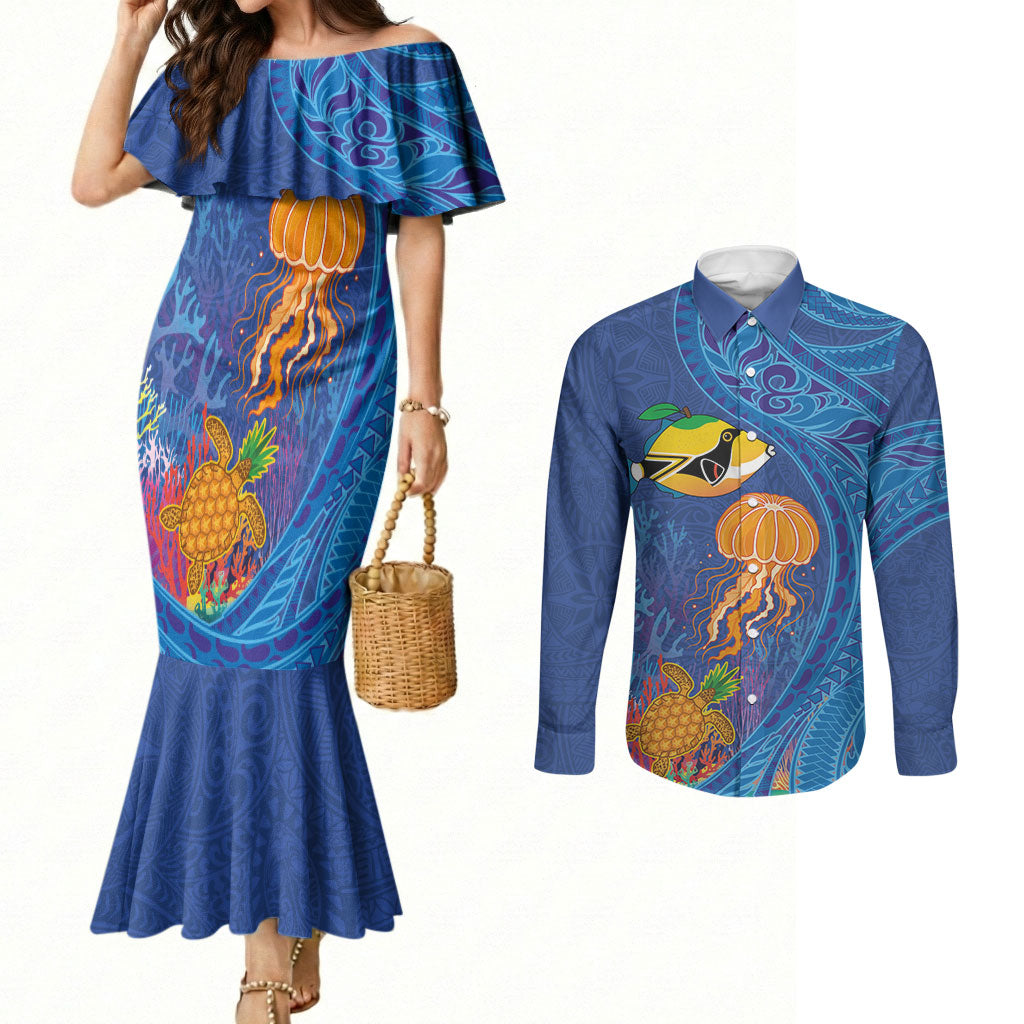 Hawaiian Funny Fruits Sea Animals Couples Matching Mermaid Dress and Long Sleeve Button Shirt Mango Reef Triggerfish and Pineapple Turtle and Mandarin Jellyfish