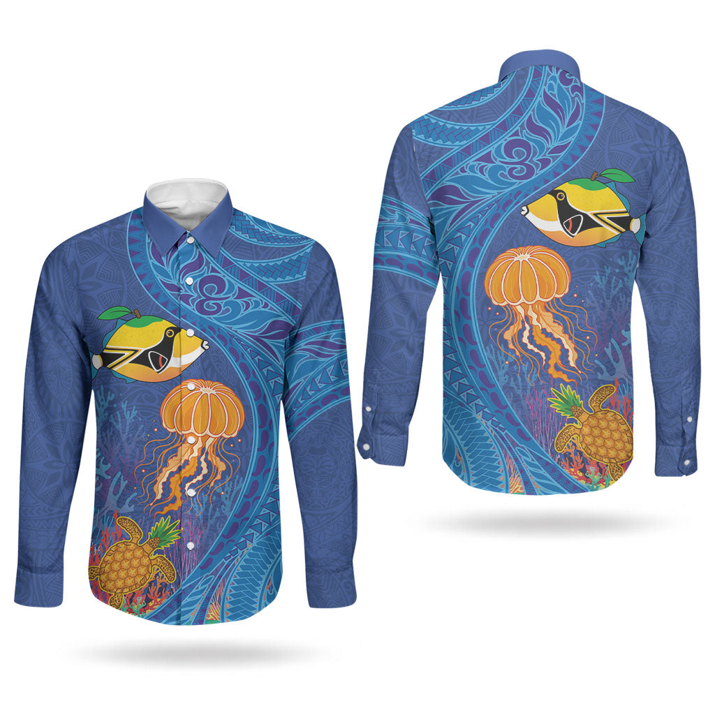 Hawaiian Funny Fruits Sea Animals Couples Matching Mermaid Dress and Long Sleeve Button Shirt Mango Reef Triggerfish and Pineapple Turtle and Mandarin Jellyfish