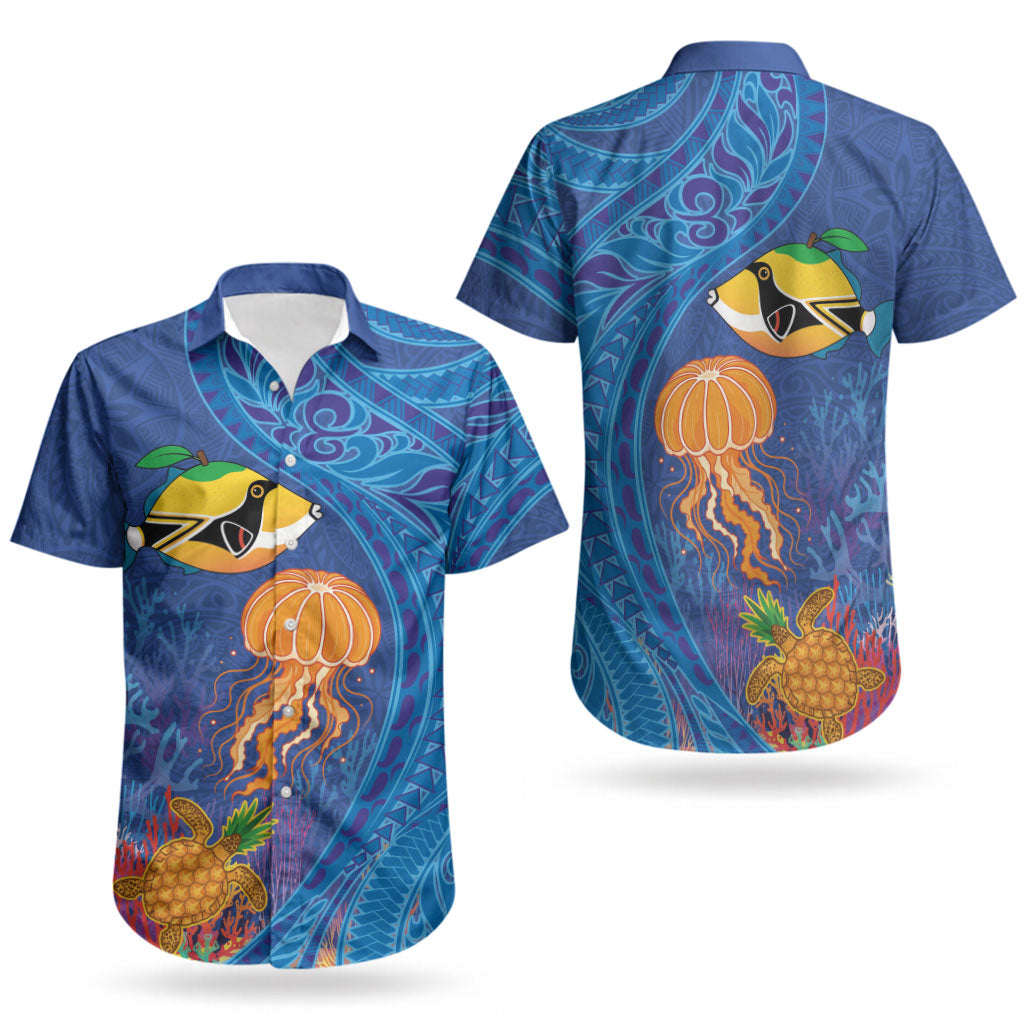 Hawaiian Funny Fruits Sea Animals Couples Matching Off Shoulder Maxi Dress and Hawaiian Shirt Mango Reef Triggerfish and Pineapple Turtle and Mandarin Jellyfish