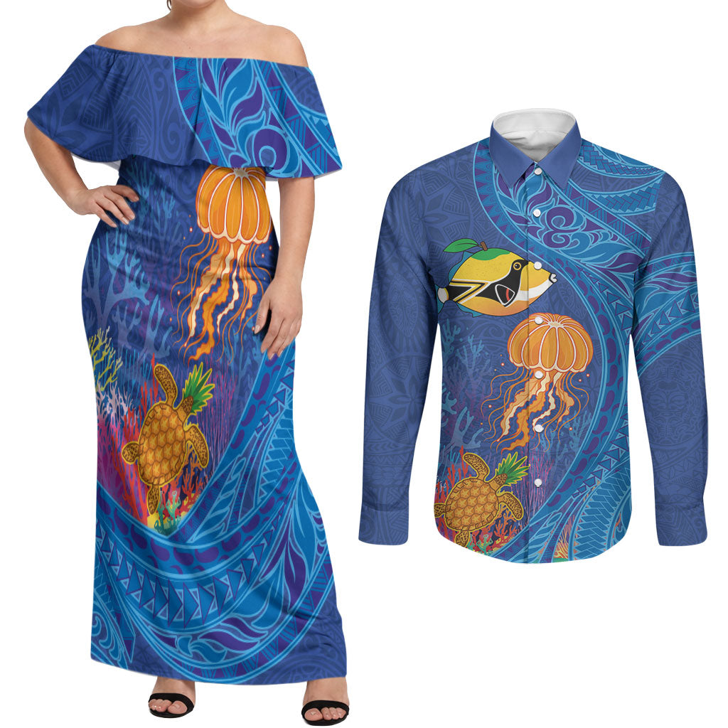 Hawaiian Funny Fruits Sea Animals Couples Matching Off Shoulder Maxi Dress and Long Sleeve Button Shirt Mango Reef Triggerfish and Pineapple Turtle and Mandarin Jellyfish