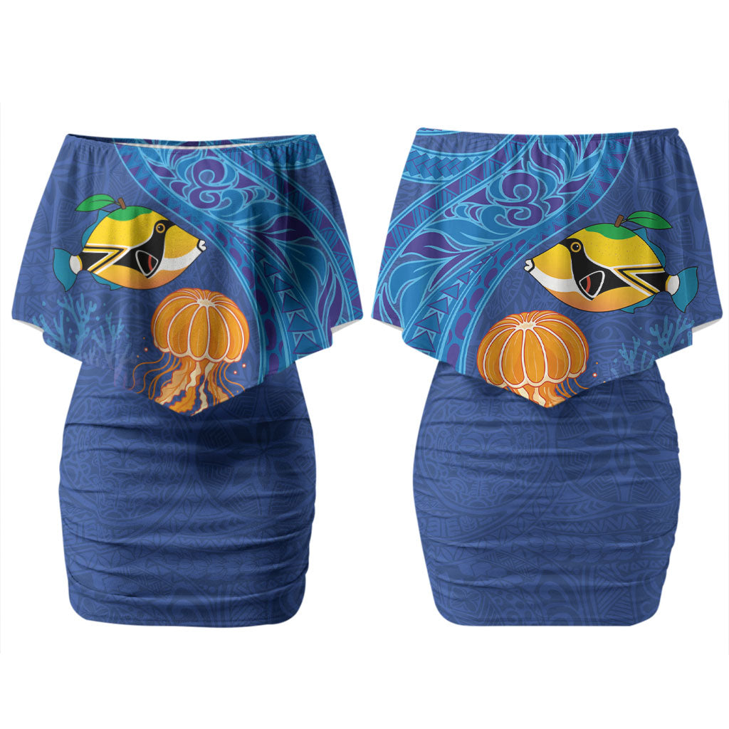 Hawaiian Funny Fruits Sea Animals Couples Matching Off Shoulder Short Dress and Hawaiian Shirt Mango Reef Triggerfish and Pineapple Turtle and Mandarin Jellyfish