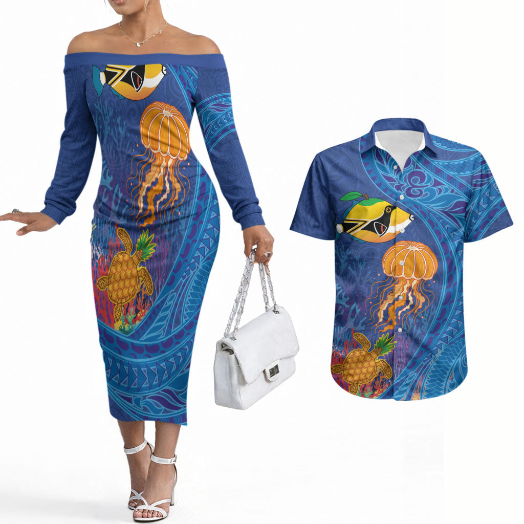 Hawaiian Funny Fruits Sea Animals Couples Matching Off The Shoulder Long Sleeve Dress and Hawaiian Shirt Mango Reef Triggerfish and Pineapple Turtle and Mandarin Jellyfish LT03 Blue - Polynesian Pride