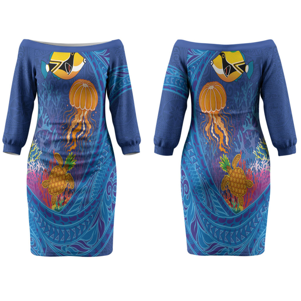 Hawaiian Funny Fruits Sea Animals Couples Matching Off The Shoulder Long Sleeve Dress and Hawaiian Shirt Mango Reef Triggerfish and Pineapple Turtle and Mandarin Jellyfish LT03 - Polynesian Pride