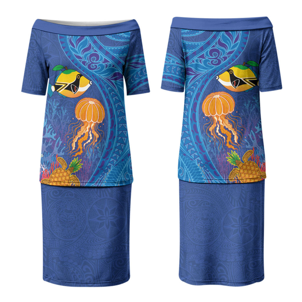 Hawaiian Funny Fruits Sea Animals Couples Matching Puletasi and Hawaiian Shirt Mango Reef Triggerfish and Pineapple Turtle and Mandarin Jellyfish LT03 - Polynesian Pride