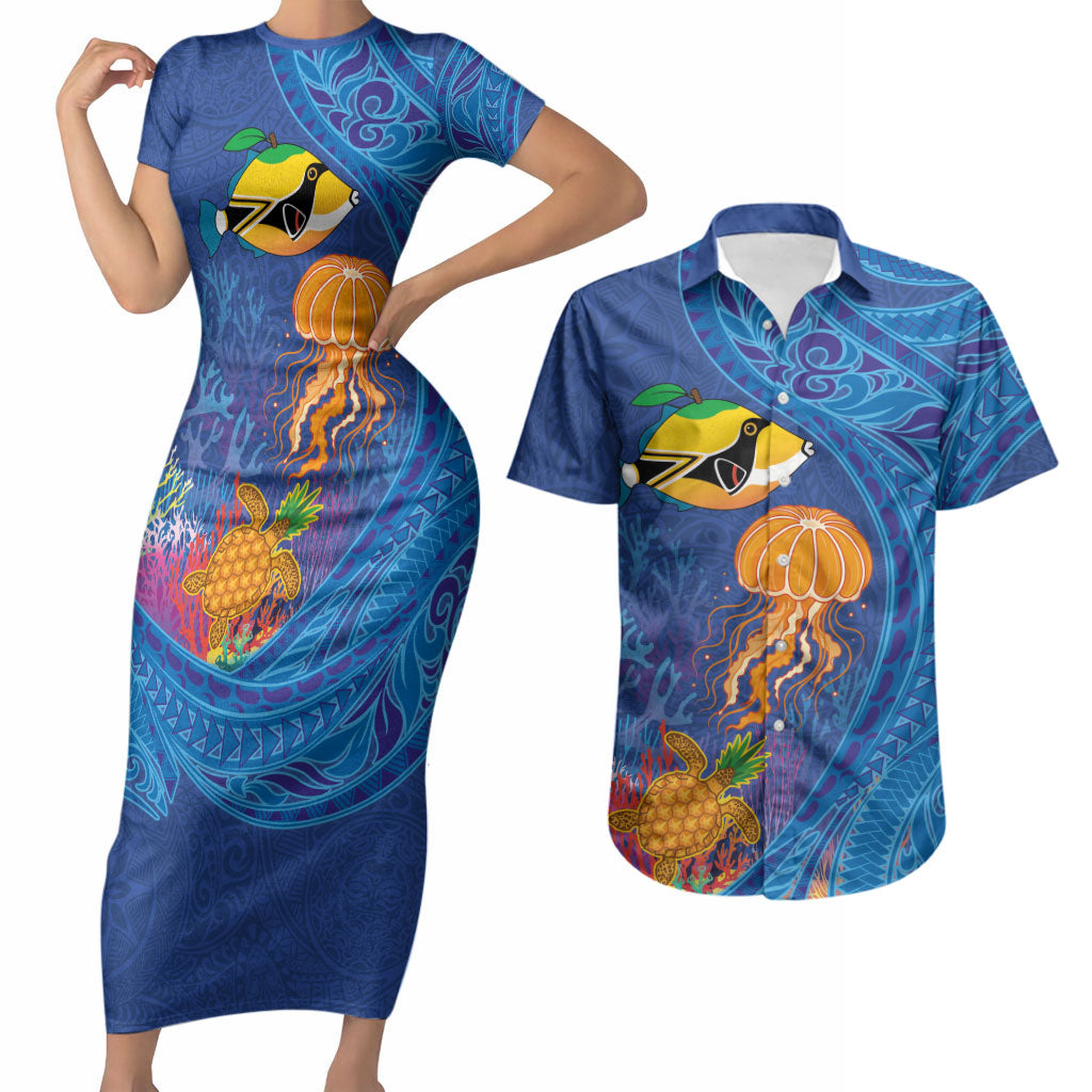 Hawaiian Funny Fruits Sea Animals Couples Matching Short Sleeve Bodycon Dress and Hawaiian Shirt Mango Reef Triggerfish and Pineapple Turtle and Mandarin Jellyfish