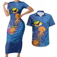 Hawaiian Funny Fruits Sea Animals Couples Matching Short Sleeve Bodycon Dress and Hawaiian Shirt Mango Reef Triggerfish and Pineapple Turtle and Mandarin Jellyfish LT03 Blue - Polynesian Pride