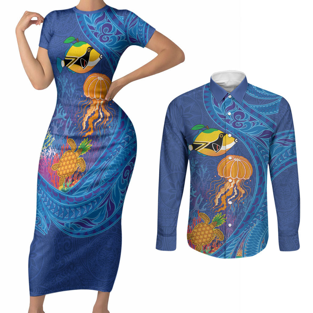 Hawaiian Funny Fruits Sea Animals Couples Matching Short Sleeve Bodycon Dress and Long Sleeve Button Shirt Mango Reef Triggerfish and Pineapple Turtle and Mandarin Jellyfish