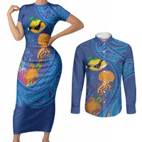 Hawaiian Funny Fruits Sea Animals Couples Matching Short Sleeve Bodycon Dress and Long Sleeve Button Shirt Mango Reef Triggerfish and Pineapple Turtle and Mandarin Jellyfish