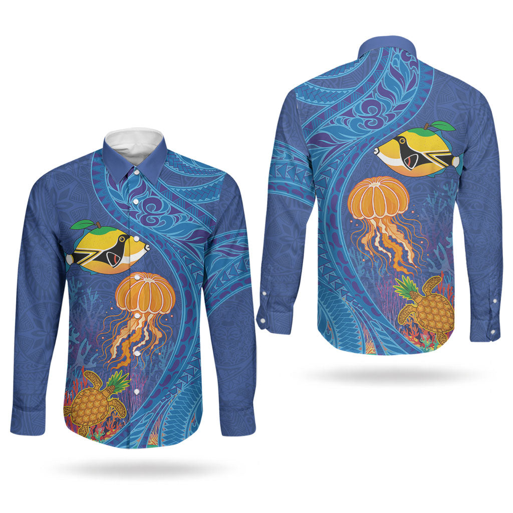 Hawaiian Funny Fruits Sea Animals Couples Matching Short Sleeve Bodycon Dress and Long Sleeve Button Shirt Mango Reef Triggerfish and Pineapple Turtle and Mandarin Jellyfish
