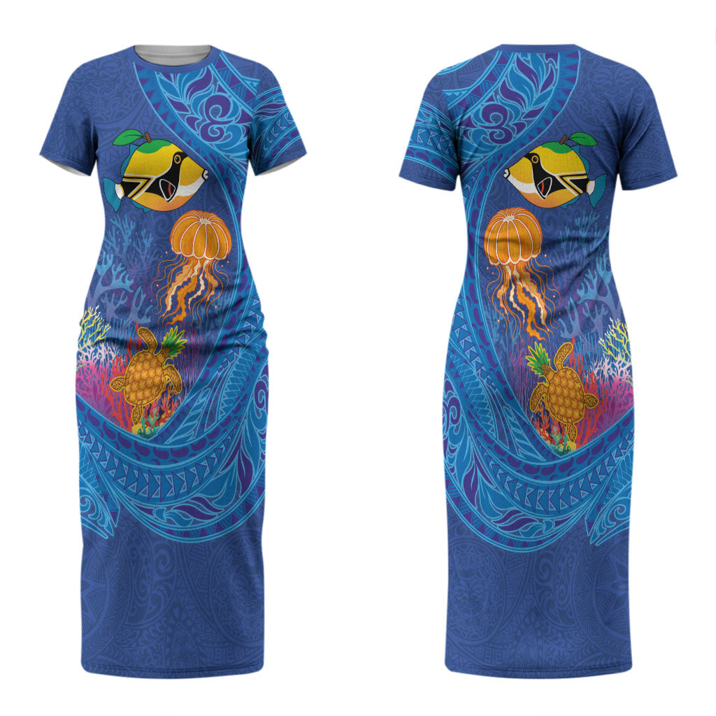 Hawaiian Funny Fruits Sea Animals Couples Matching Short Sleeve Bodycon Dress and Long Sleeve Button Shirt Mango Reef Triggerfish and Pineapple Turtle and Mandarin Jellyfish
