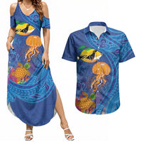 Hawaiian Funny Fruits Sea Animals Couples Matching Summer Maxi Dress and Hawaiian Shirt Mango Reef Triggerfish and Pineapple Turtle and Mandarin Jellyfish LT03 Blue - Polynesian Pride