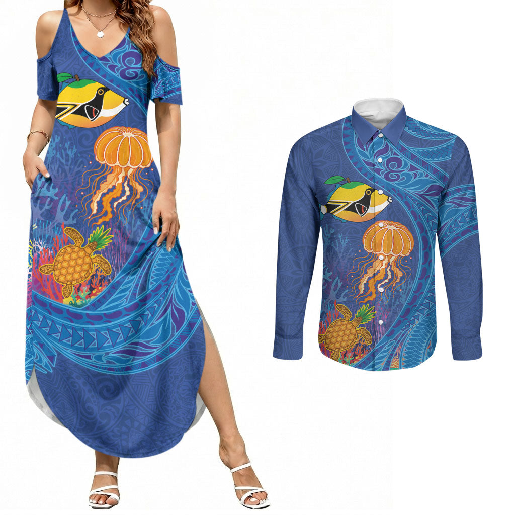Hawaiian Funny Fruits Sea Animals Couples Matching Summer Maxi Dress and Long Sleeve Button Shirt Mango Reef Triggerfish and Pineapple Turtle and Mandarin Jellyfish LT03 Blue - Polynesian Pride