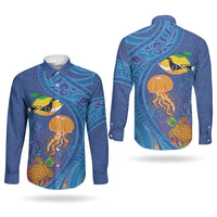Hawaiian Funny Fruits Sea Animals Couples Matching Summer Maxi Dress and Long Sleeve Button Shirt Mango Reef Triggerfish and Pineapple Turtle and Mandarin Jellyfish LT03 - Polynesian Pride