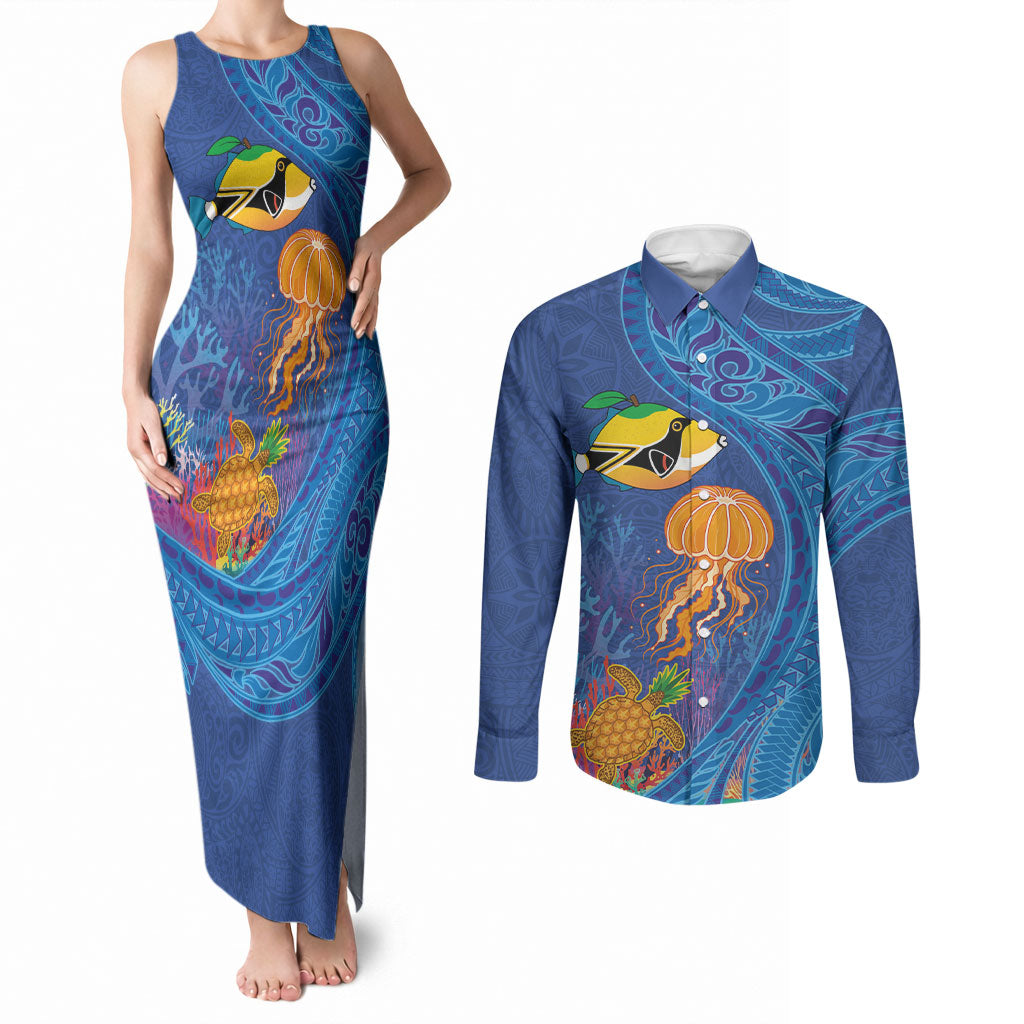 Hawaiian Funny Fruits Sea Animals Couples Matching Tank Maxi Dress and Long Sleeve Button Shirt Mango Reef Triggerfish and Pineapple Turtle and Mandarin Jellyfish