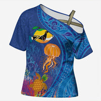 Hawaiian Funny Fruits Sea Animals Cross Shoulder Shirt Mango Reef Triggerfish and Pineapple Turtle and Mandarin Jellyfish