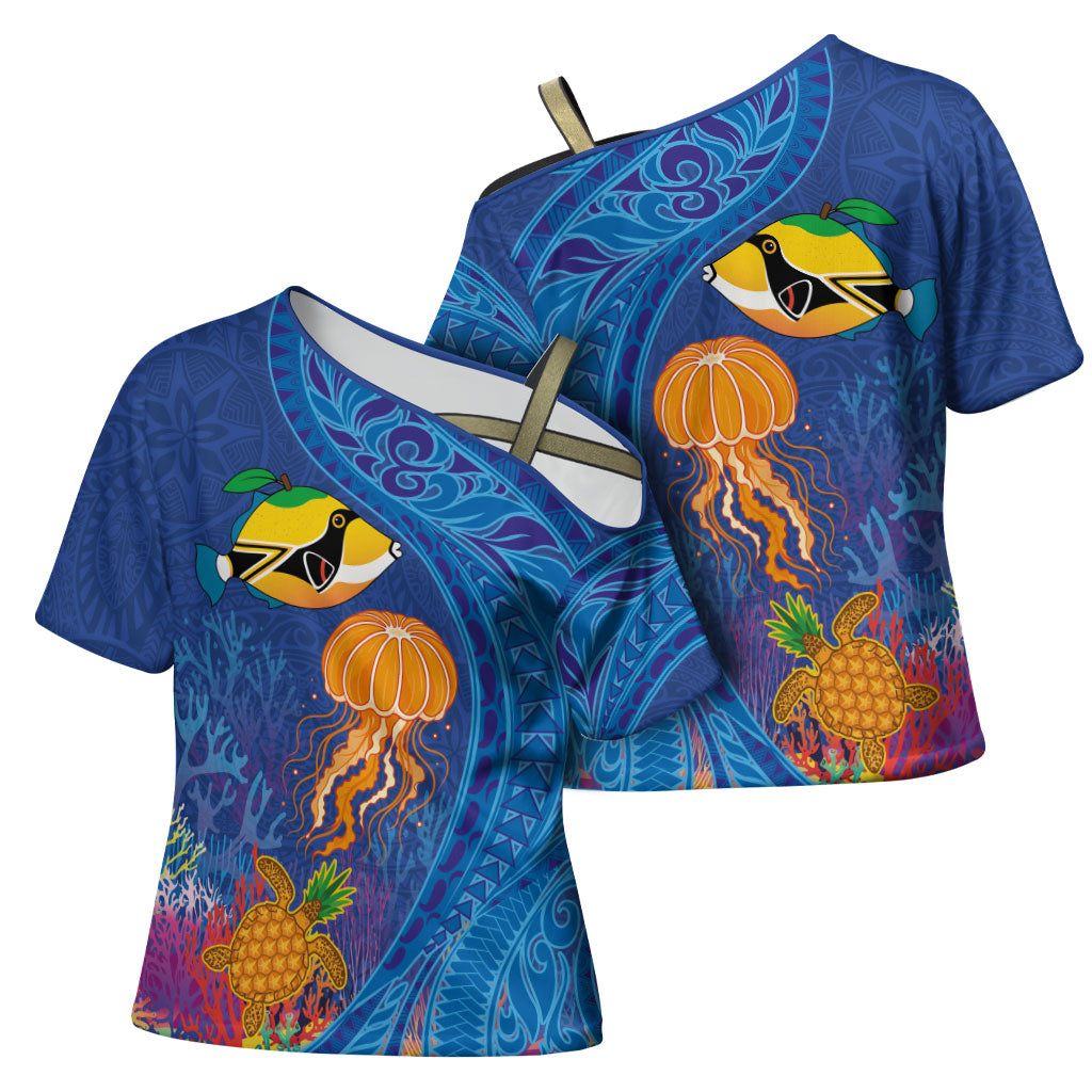 Hawaiian Funny Fruits Sea Animals Cross Shoulder Shirt Mango Reef Triggerfish and Pineapple Turtle and Mandarin Jellyfish