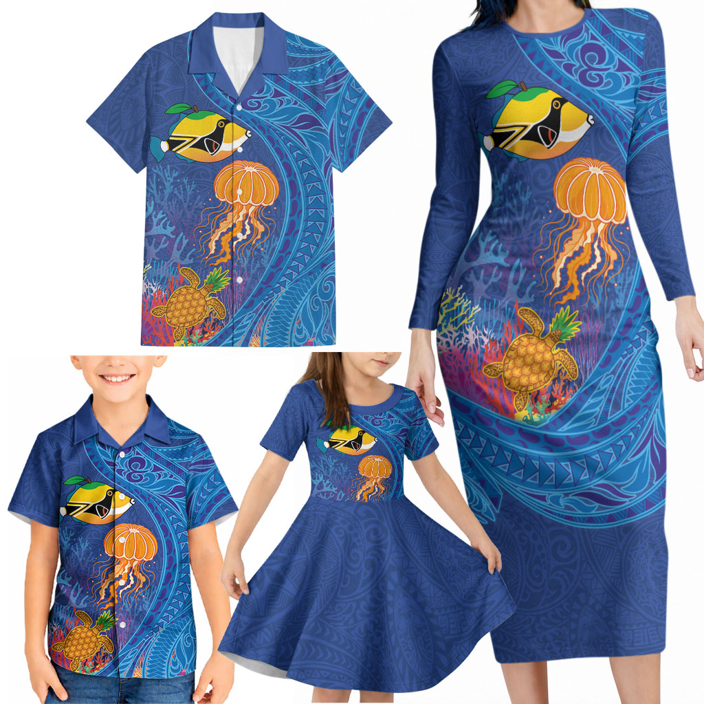 Hawaiian Funny Fruits Sea Animals Family Matching Long Sleeve Bodycon Dress and Hawaiian Shirt Mango Reef Triggerfish and Pineapple Turtle and Mandarin Jellyfish