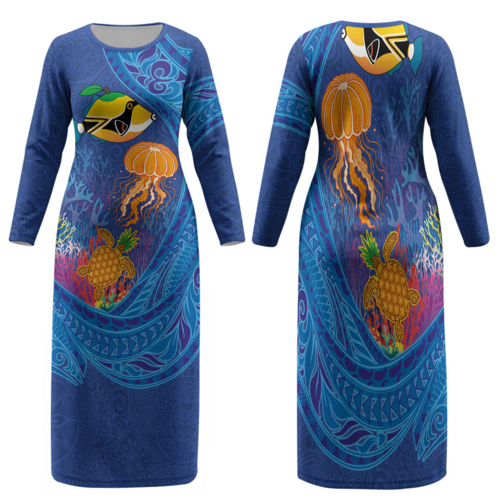 Hawaiian Funny Fruits Sea Animals Family Matching Long Sleeve Bodycon Dress and Hawaiian Shirt Mango Reef Triggerfish and Pineapple Turtle and Mandarin Jellyfish LT03 Mom's Dress Blue - Polynesian Pride