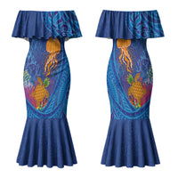 Hawaiian Funny Fruits Sea Animals Family Matching Mermaid Dress and Hawaiian Shirt Mango Reef Triggerfish and Pineapple Turtle and Mandarin Jellyfish LT03 Mom's Dress Blue - Polynesian Pride