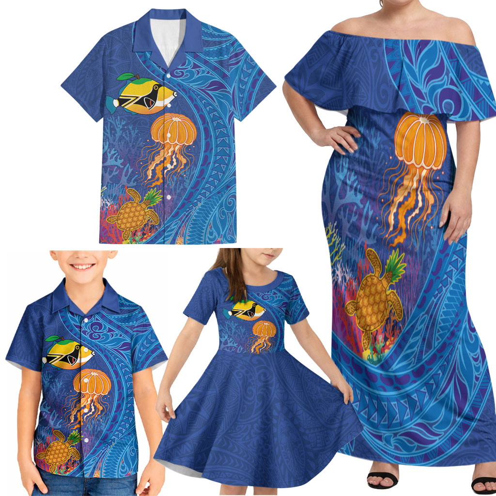 Hawaiian Funny Fruits Sea Animals Family Matching Off Shoulder Maxi Dress and Hawaiian Shirt Mango Reef Triggerfish and Pineapple Turtle and Mandarin Jellyfish LT03 - Polynesian Pride