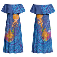 Hawaiian Funny Fruits Sea Animals Family Matching Off Shoulder Maxi Dress and Hawaiian Shirt Mango Reef Triggerfish and Pineapple Turtle and Mandarin Jellyfish LT03 Mom's Dress Blue - Polynesian Pride