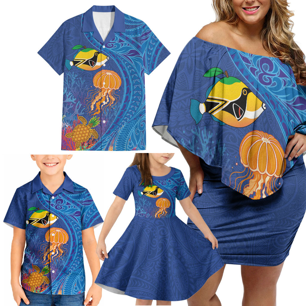 Hawaiian Funny Fruits Sea Animals Family Matching Off Shoulder Short Dress and Hawaiian Shirt Mango Reef Triggerfish and Pineapple Turtle and Mandarin Jellyfish LT03 - Polynesian Pride
