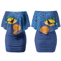 Hawaiian Funny Fruits Sea Animals Family Matching Off Shoulder Short Dress and Hawaiian Shirt Mango Reef Triggerfish and Pineapple Turtle and Mandarin Jellyfish LT03 Mom's Dress Blue - Polynesian Pride