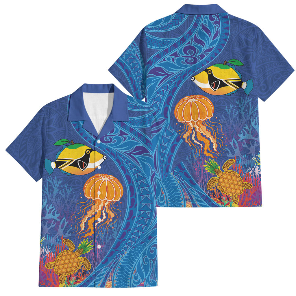 Hawaiian Funny Fruits Sea Animals Family Matching Off Shoulder Short Dress and Hawaiian Shirt Mango Reef Triggerfish and Pineapple Turtle and Mandarin Jellyfish LT03 Dad's Shirt - Short Sleeve Blue - Polynesian Pride