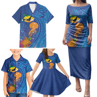 Hawaiian Funny Fruits Sea Animals Family Matching Puletasi and Hawaiian Shirt Mango Reef Triggerfish and Pineapple Turtle and Mandarin Jellyfish LT03 - Polynesian Pride