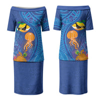 Hawaiian Funny Fruits Sea Animals Family Matching Puletasi and Hawaiian Shirt Mango Reef Triggerfish and Pineapple Turtle and Mandarin Jellyfish LT03 Mom's Dress Blue - Polynesian Pride