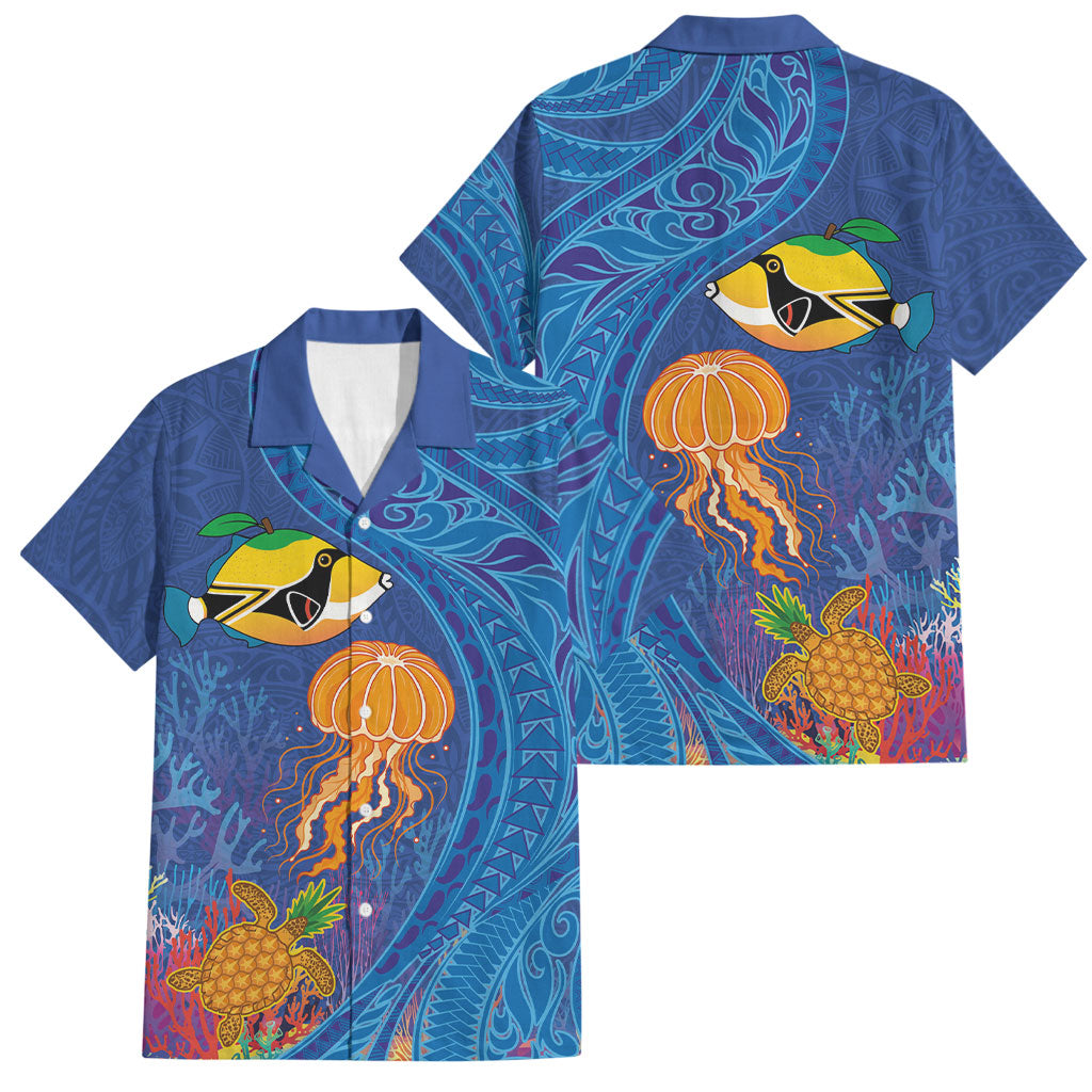 Hawaiian Funny Fruits Sea Animals Family Matching Puletasi and Hawaiian Shirt Mango Reef Triggerfish and Pineapple Turtle and Mandarin Jellyfish LT03 Dad's Shirt - Short Sleeve Blue - Polynesian Pride