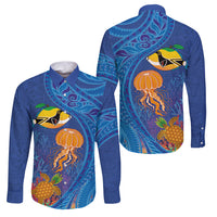 Hawaiian Funny Fruits Sea Animals Family Matching Puletasi and Hawaiian Shirt Mango Reef Triggerfish and Pineapple Turtle and Mandarin Jellyfish LT03 Dad's Shirt - Long Sleeve Blue - Polynesian Pride