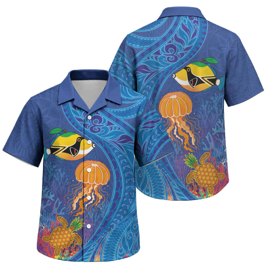 Hawaiian Funny Fruits Sea Animals Family Matching Puletasi and Hawaiian Shirt Mango Reef Triggerfish and Pineapple Turtle and Mandarin Jellyfish LT03 Son's Shirt Blue - Polynesian Pride