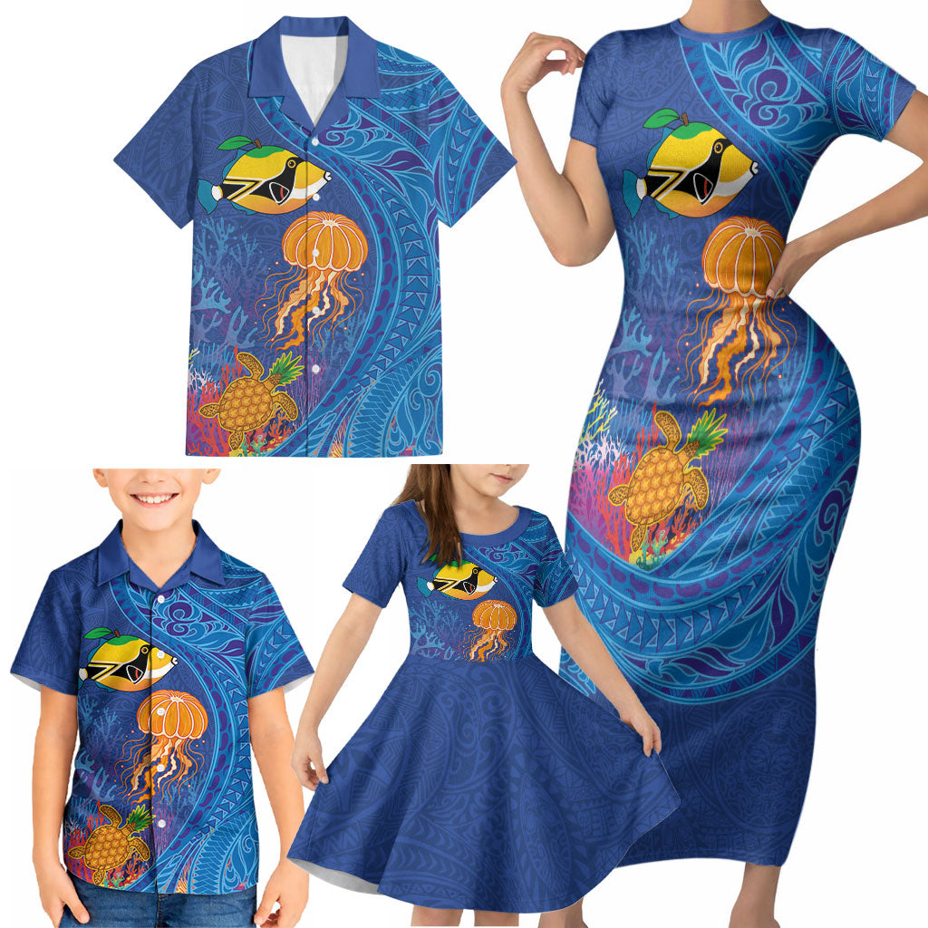 Hawaiian Funny Fruits Sea Animals Family Matching Short Sleeve Bodycon Dress and Hawaiian Shirt Mango Reef Triggerfish and Pineapple Turtle and Mandarin Jellyfish LT03 - Polynesian Pride