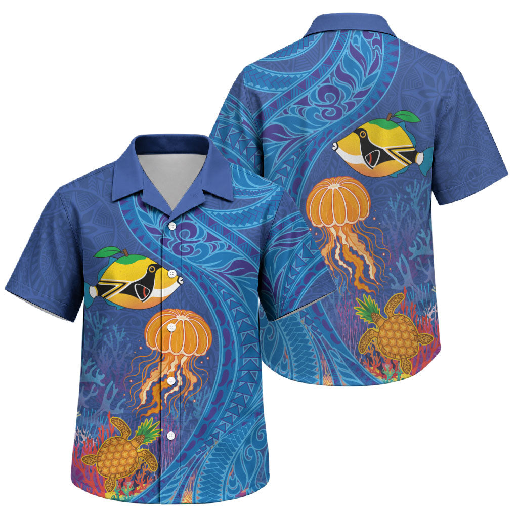 Hawaiian Funny Fruits Sea Animals Family Matching Short Sleeve Bodycon Dress and Hawaiian Shirt Mango Reef Triggerfish and Pineapple Turtle and Mandarin Jellyfish LT03 Son's Shirt Blue - Polynesian Pride