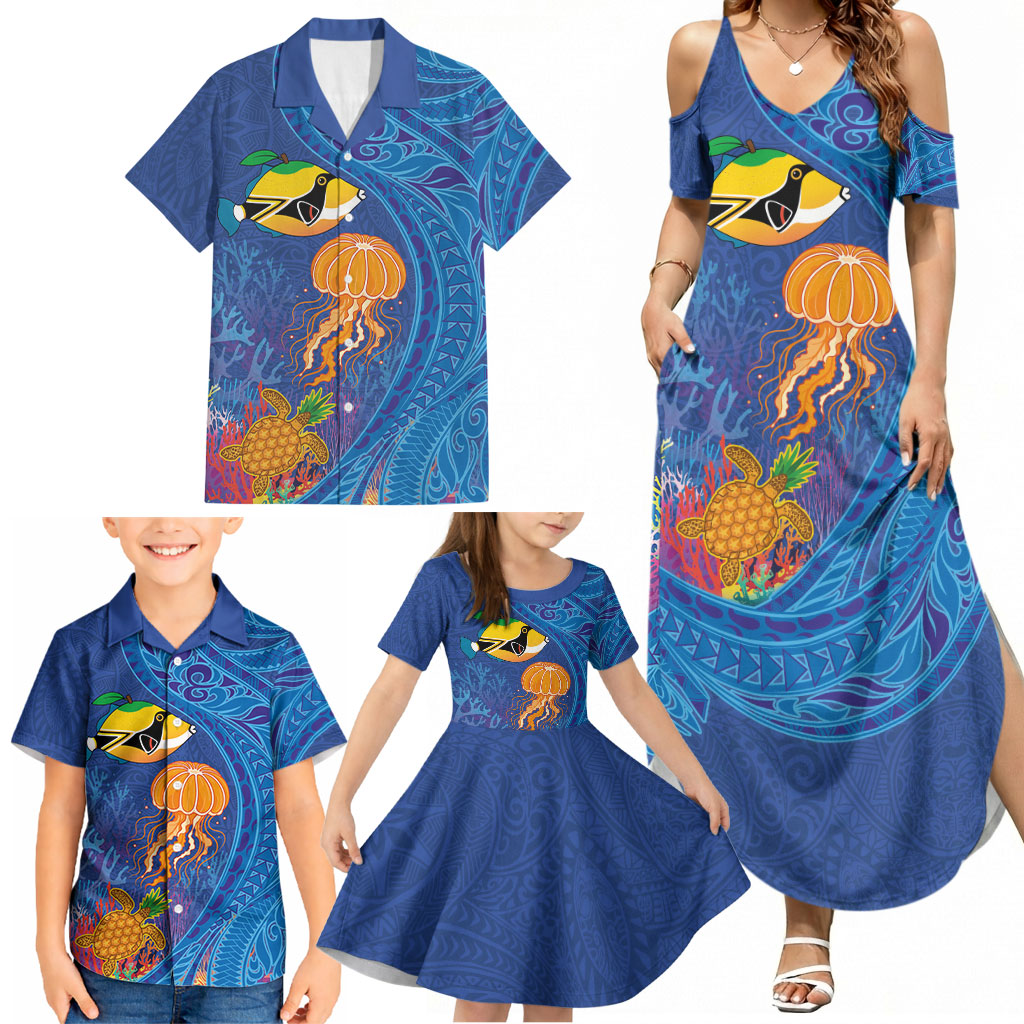 Hawaiian Funny Fruits Sea Animals Family Matching Summer Maxi Dress and Hawaiian Shirt Mango Reef Triggerfish and Pineapple Turtle and Mandarin Jellyfish LT03 - Polynesian Pride