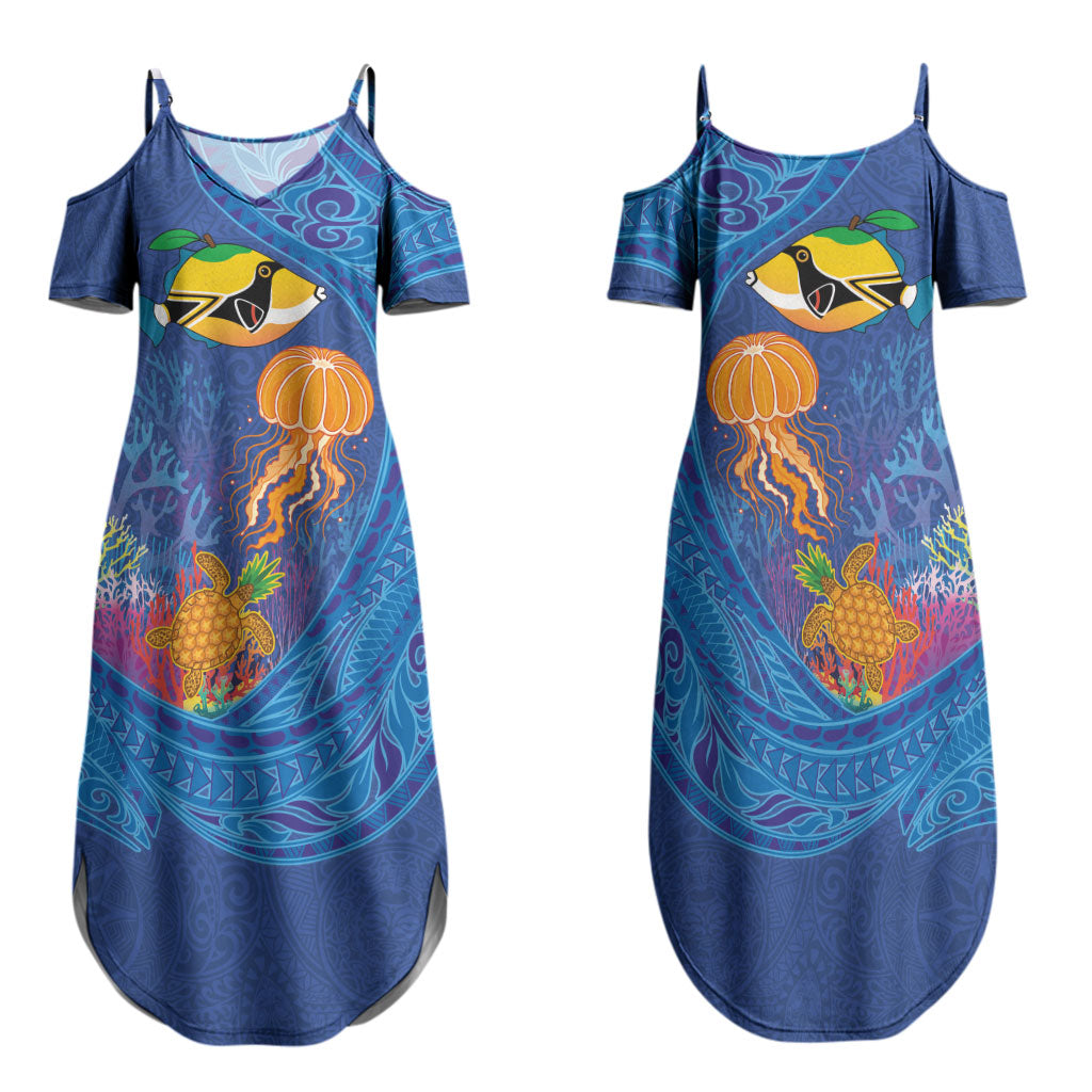 Hawaiian Funny Fruits Sea Animals Family Matching Summer Maxi Dress and Hawaiian Shirt Mango Reef Triggerfish and Pineapple Turtle and Mandarin Jellyfish LT03 Mom's Dress Blue - Polynesian Pride