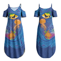 Hawaiian Funny Fruits Sea Animals Family Matching Summer Maxi Dress and Hawaiian Shirt Mango Reef Triggerfish and Pineapple Turtle and Mandarin Jellyfish LT03 Mom's Dress Blue - Polynesian Pride