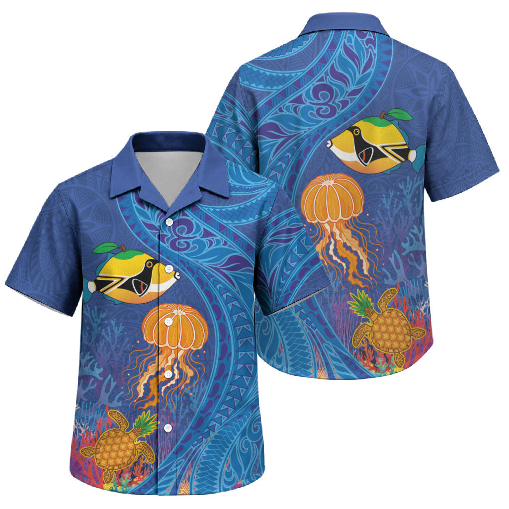 Hawaiian Funny Fruits Sea Animals Family Matching Summer Maxi Dress and Hawaiian Shirt Mango Reef Triggerfish and Pineapple Turtle and Mandarin Jellyfish LT03 Son's Shirt Blue - Polynesian Pride