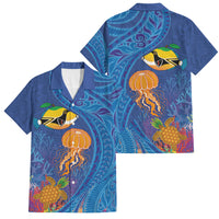Hawaiian Funny Fruits Sea Animals Family Matching Tank Maxi Dress and Hawaiian Shirt Mango Reef Triggerfish and Pineapple Turtle and Mandarin Jellyfish LT03 Dad's Shirt - Short Sleeve Blue - Polynesian Pride
