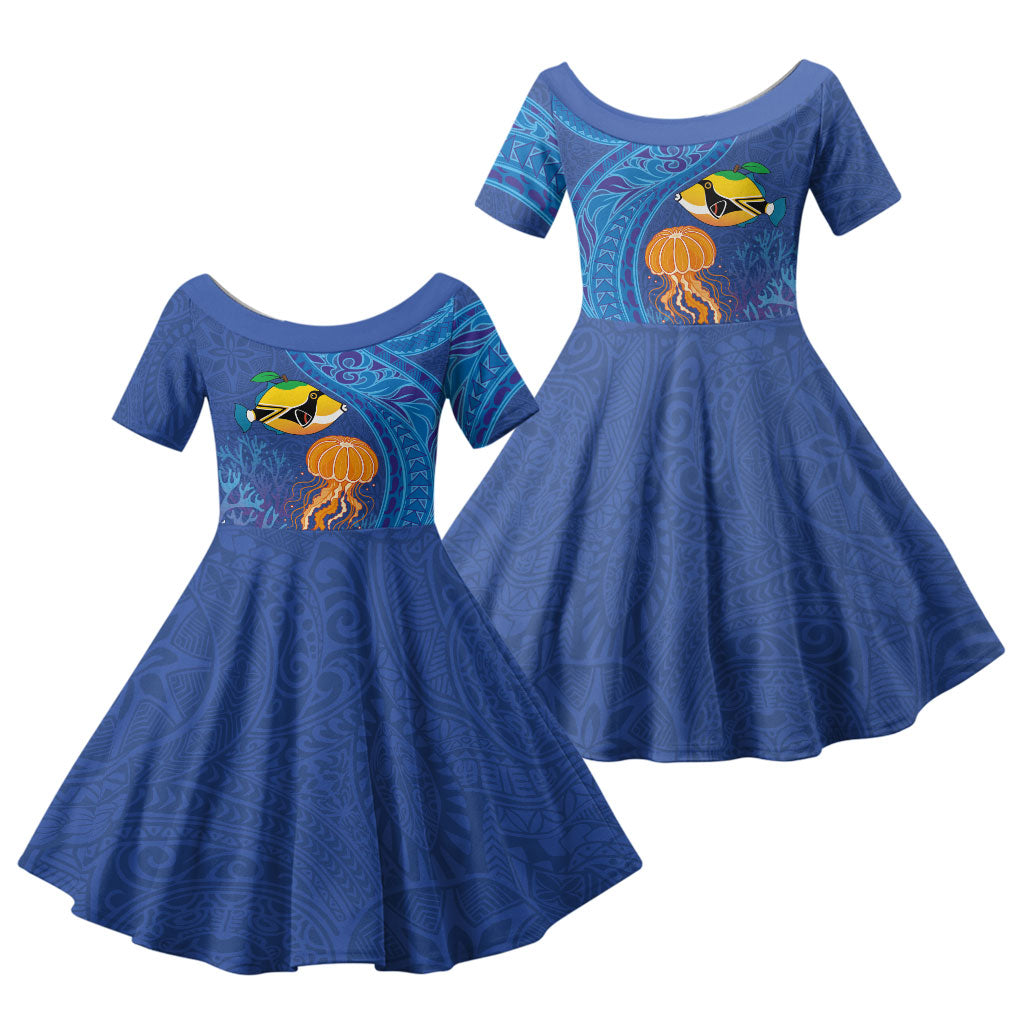 Hawaiian Funny Fruits Sea Animals Family Matching Tank Maxi Dress and Hawaiian Shirt Mango Reef Triggerfish and Pineapple Turtle and Mandarin Jellyfish LT03 Daughter's Dress Blue - Polynesian Pride