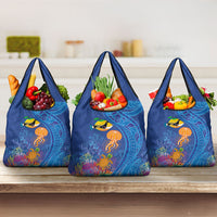 Hawaiian Funny Fruits Sea Animals Grocery Bag Mango Reef Triggerfish and Pineapple Turtle and Mandarin Jellyfish LT03 3-pack One Size Blue - Polynesian Pride